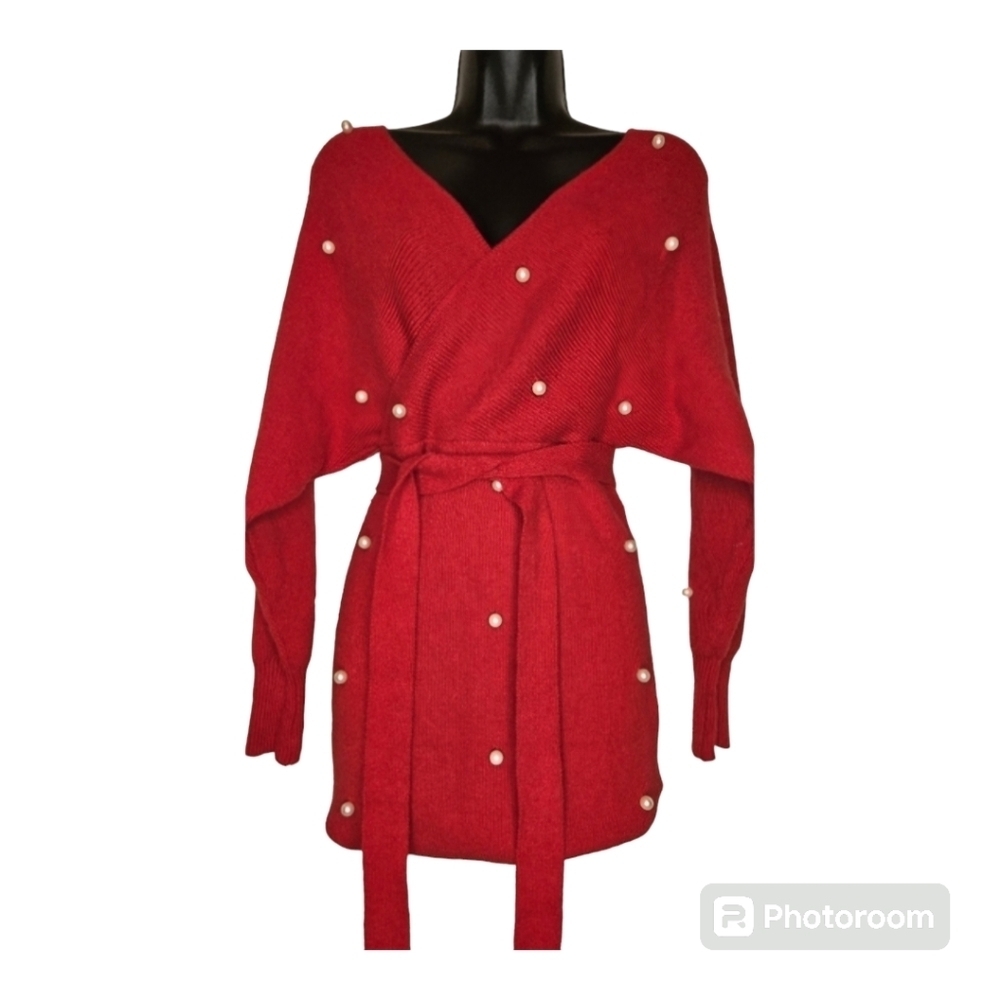 Red Pearl Embellished Sweater Dress